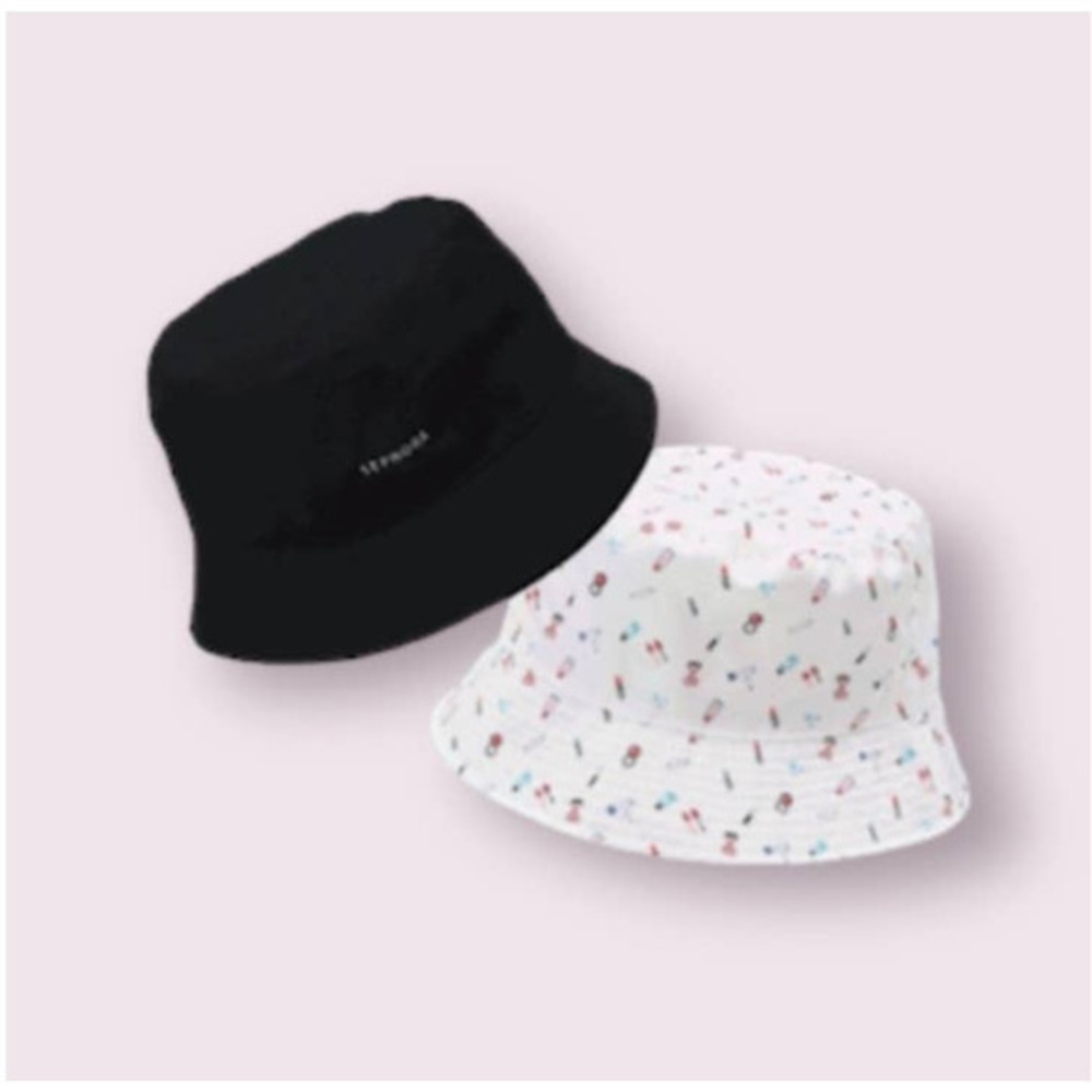 NEW Sephora Reversible Bucket Hat solid Black & White with Makeup Pattern